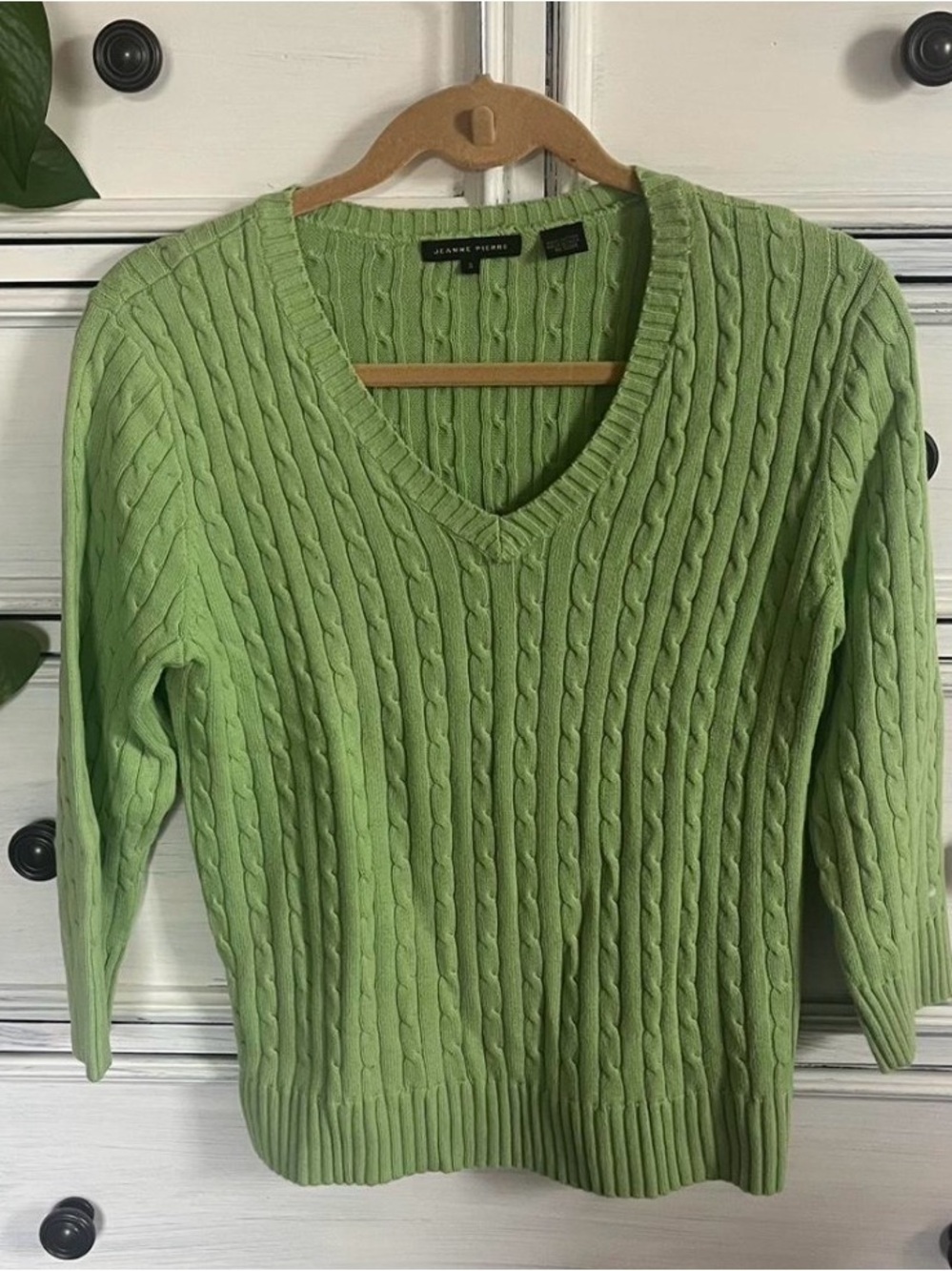 JEANNE PIERRE Green Cable Knit V-Neck Sweater
